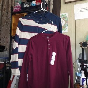 NEW WITH TAGS Burgundy Long Sleeve Henley, Striped, Blue. ALL 3 FOR $7.00